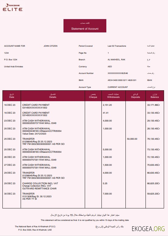 Modèle Word et PDF de relevé bancaire UAE Rakbank Elite template Modèle Word et PDF de relevé bancaire UAE Rakbank Elite template